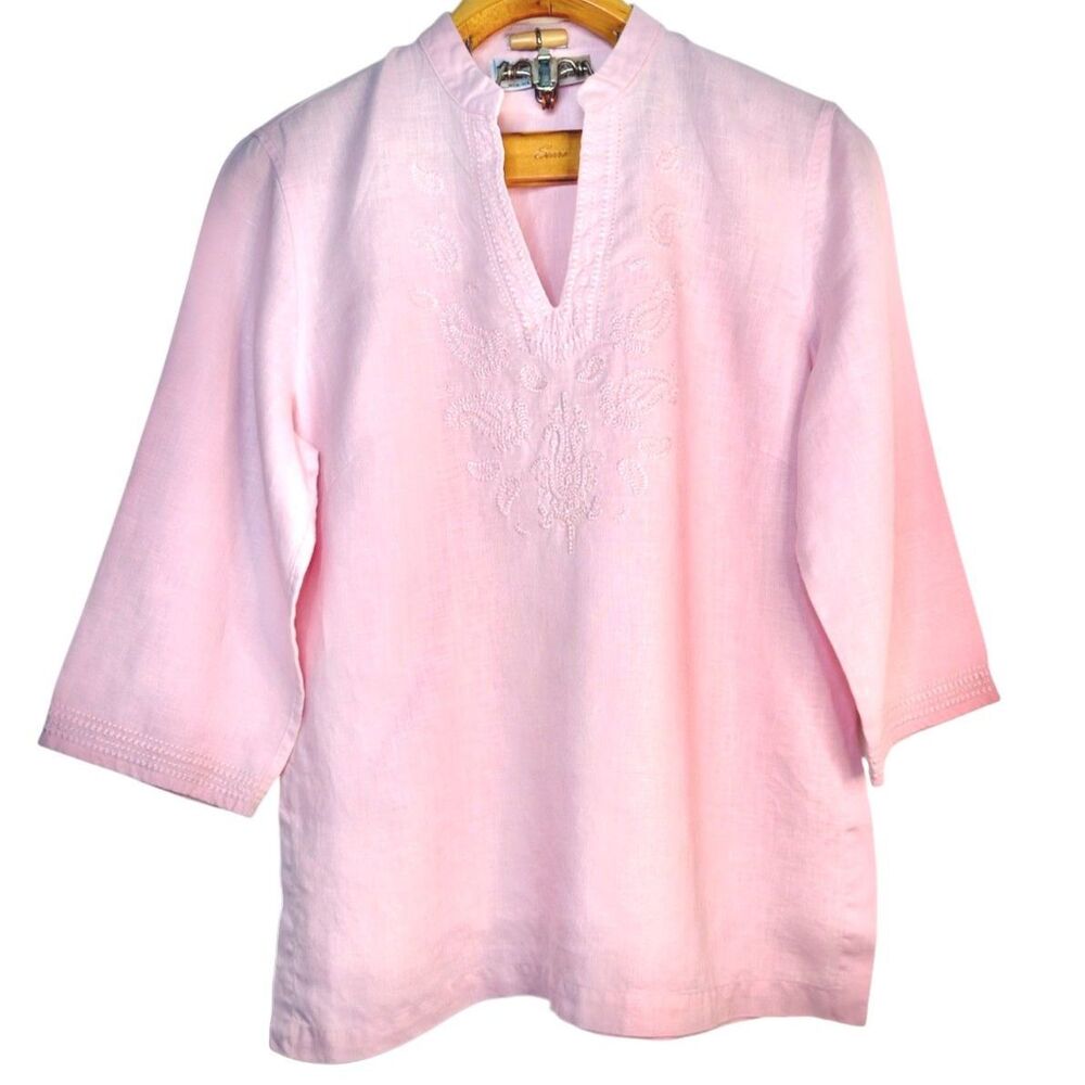 Richard Malcolm Pink Embroidered 100% Irish Linen Tunic Boho Blouse Size: L